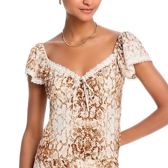 WAYF “Melissa” Lace-Trim Top | Sweetheart Tie • Flutter Sleeve • Lined | NWT M - Picture 1 of 7